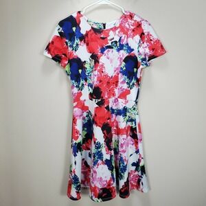 Milly Design Nation Scuba Fit Flare White Floral Dress Pockets Exposed Zipper 8